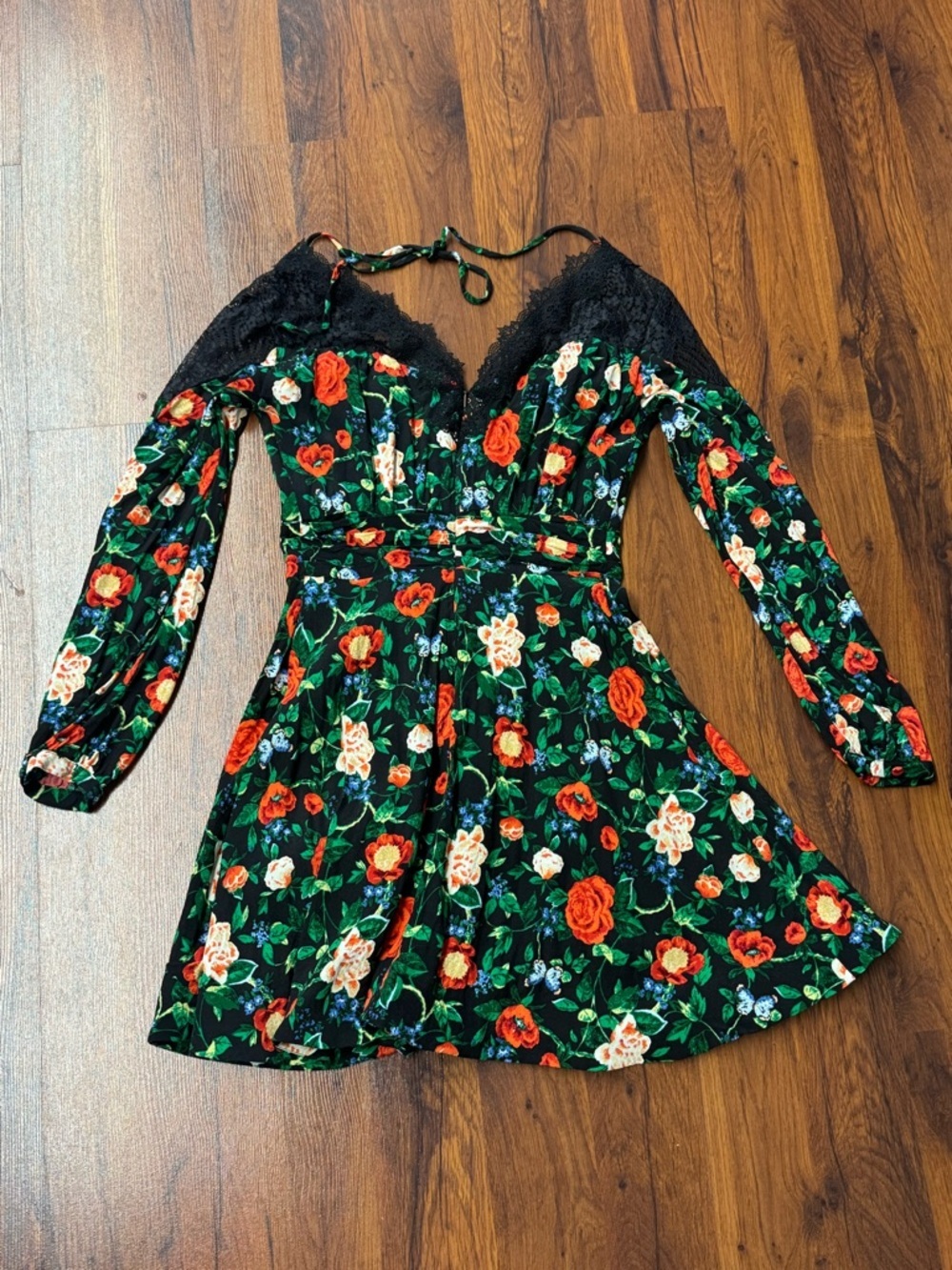 Anthropologie V Neck Mini Dress Black Floral Size 4 - Picture 13 of 16